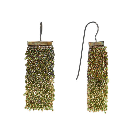 Gold and green wire mesh beaded earrings by Milena Zu